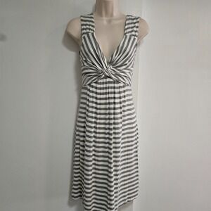 Boston Proper Size XS Gray Striped Casual Preppy Knot Tie Boho V Neck Midi Dress